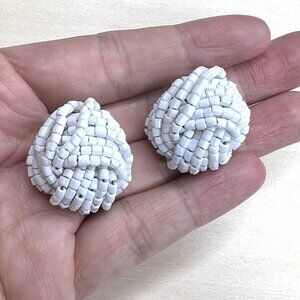 Vintage White Beaded Clip-On Knot Earrings